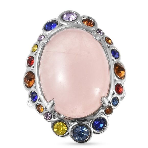 Galilea Rose Quartz and Multi Color Austrian Crystal Ring Size 7 - Picture 1 of 6